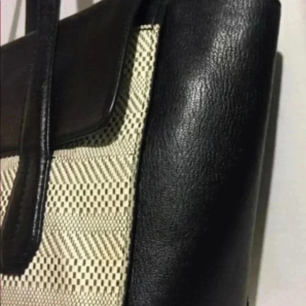 Bendel Bendel black leather beige woven satchel handbag